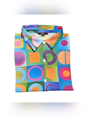 ShallWe Womens XXL Shirt Geometric Retro Colorful Pop Art Long Sleeve Button Up
